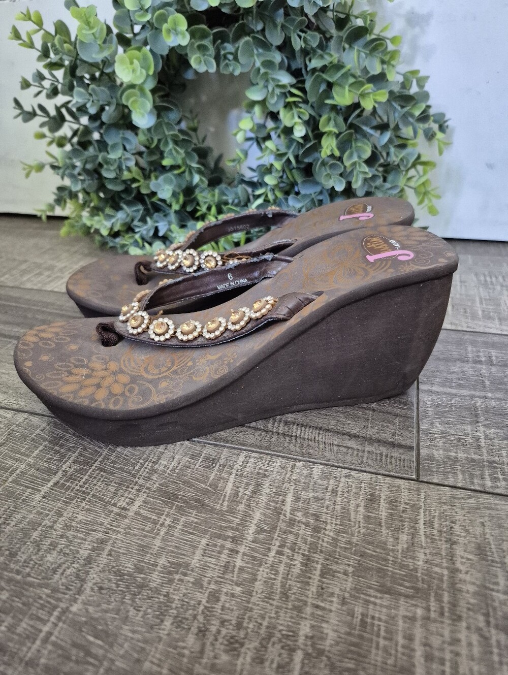 Justin Flip Flop Sandals Brown Western Wear Rhinestone Platform Womens Size 6